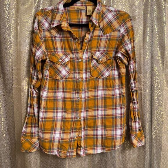 Wrangler Golden Yellow Blue Red Western Snap Pearl Button Shirt Small - Picture 1 of 8